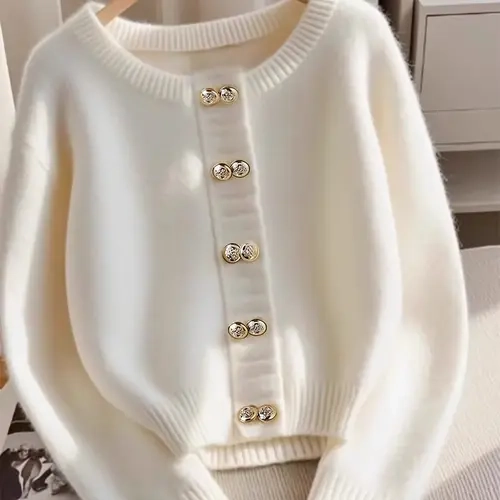 Women's Button Decor Crew Neck Fitted Sweater, Casual Long Sleeve Jumper for Fall & Winter, Fashion Ladies' Knitwear for Daily Wear, Tops, Knitting, Basic, Womenswear, Fashion Knit Clothing, Crewneck Sweaters