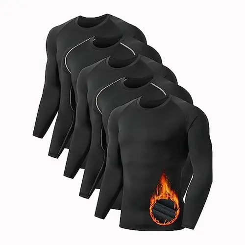 Men's 5-Pack Fleece-Lined Compression Thermal Long Sleeve Crew Neck Athletic Style Activewear, Heat-Retaining Performance Tops for Cold Weather Gym & Outdoor Fitness