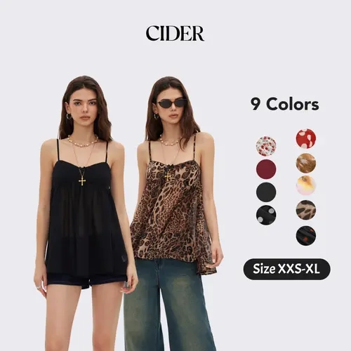 Cider Women's Retro Animal Print Chiffon Nightwear - Sleeveless Square Neck Bow Babydoll, All Over Print Polyamide Semi-Sheer Sleeveless Cami Nightdress Loungewear with Light Drape
