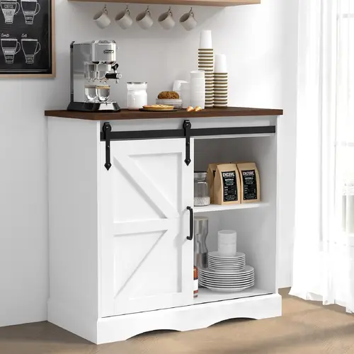 Modern Farmhouse White MDF Wood Rectangular Coffee Bar Station Cupboard - Buffet Cabinet Furniture with Sliding Door, Adjustable Shelf, Reinforced Frame, Anti-Tip Kit, 132 lbs Capacity, Assembly Required, Storage for Kitchen, Dining Room, Hallway Decor