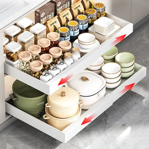 Pull Out Cabinet Organizer, No-Drill Sliding Drawer with Adjustable Shelf, Heavy Duty Carbon Steel Kitchen Storage Organizer for Cabinets & Pantry