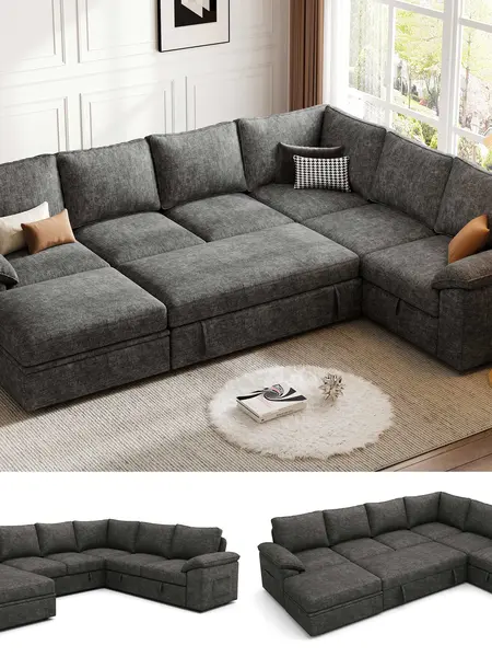 【3-4 Packages】108 Inch Sectional Sleeper Sofa with Pull Out Bed, U Shaped 5/7 Seat Modular Sectional Sofa with Storage, Sectional Couches for Living Room, Cloud Modular Couch, Removable Sofa Cover#daybed