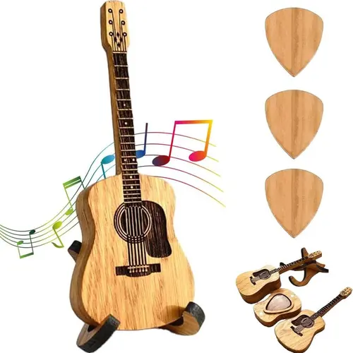Wooden Guitar Pick Box with Stand - 3PCS Unique Guitar Picks, Mini Storage Box for Guitarists, Portable Handcrafted Guitar Picks Storage Container for Weddings, Birthdays, Anniversaries Gift