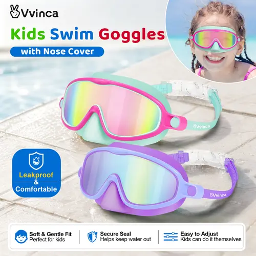 [Deals For You] Vvinca Swim Goggles 2 Pcs with Nose Cover for Ages 3-6/6-12+ Kids,Youth,UV Protection Anti-Fog Wide View Anti-Shattered Lens for Boys and Girls-Safety anti-uv swim glass anti-fog swimming goggles for Lake,Beach, Summer Party