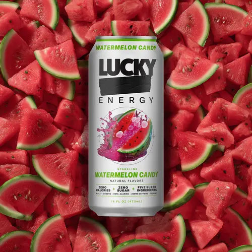 Lucky Energy - Watermelon Candy - Zero Sugar Energy Drink - 16oz Cans - 200mg Caffeine with Maca Ginseng Beta Alanine & Taurine - 12-Pack - Vegan Gluten-Free