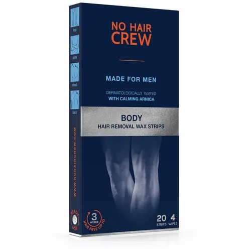 NO HAIR CREW Body Hair Removal Wax Strips - 20 Strips & 4 Soothing Wipes for Armpits Chest Legs Back Arms - Long Lasting Permanent Solution - Dermatologically Tested with Calming Arnica