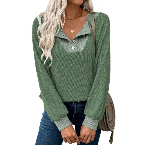 Gaovot Women's Fitted Casual Sweatshirt - Puff Long Sleeve V-Collared Neck Button-Up Pullover, Solid Lightweight Medium-Length Top with Foldable Hang for Casual OOTD