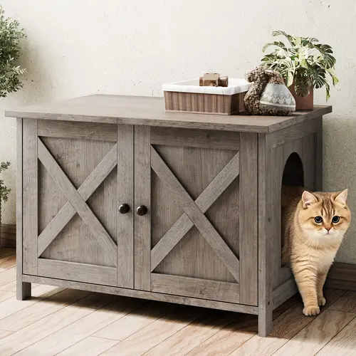 Walsunny Cat Litter Box Furniture with Removable Divider Hidden Enclosure and End Table White Brown Gray Wood Adjustable System for Personalized Configurations Double Door Design