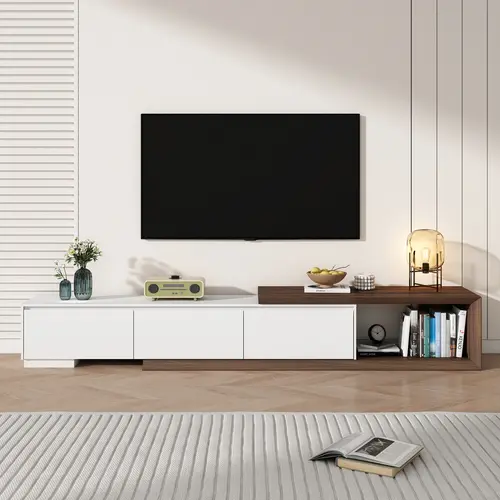 Modern Extendable Universal TV Cabinet Stand with 3 Storage Drawers - 120" TV Support, Extendable Frame Adapts to Room Size, Adjustable Wooden Floor Entertainment Center for Living Room