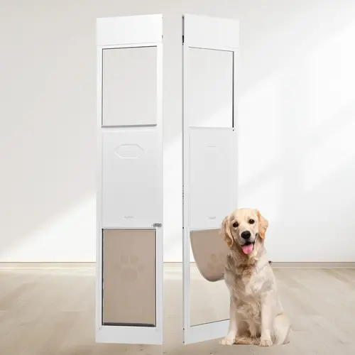 VEVOR Sliding Glass Pet Door, 75 7/8"-80 11/16" (75–80" fit range) Adjustable Height, 13 5/8" x 23 5/8" Aluminum Frame Tempered Glass, Built to Last Hinge Flap, Lock, Easy Installation, Home Safety for Large Dogs
