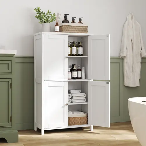 Walsunny Bathroom Floor Storage Cabinet White Freestanding Unit with 4 Doors 11.8x23.6x43.3 Inches Organizer for Books & Decor