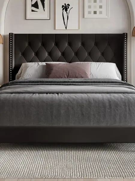 Favorer Homer Tufted Wingback Upholstered Panel Bed with Nailhead Trim - Elegant Button Headboard, Furniture for Queen, Full Size, King Size Bed Frames