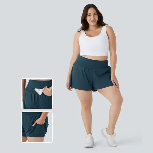 Halara Super High Waisted Back Pocket & Side Hidden Pocket 2-in-1 Yoga Plus Size Shorts 4''-Longer Length