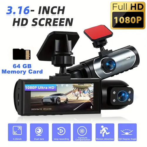 HIKITY 1080P Front View Dual Lens Dashcam - Front+Rear Record, Inside Car Camera, 3.16 in IPS Screen, 64G Micro SD Card, IR Night Recording, Loop Auto Save, Wide Angle HD Driving Recorder, Motion Detection Start, No Battery, Father's Day Gift