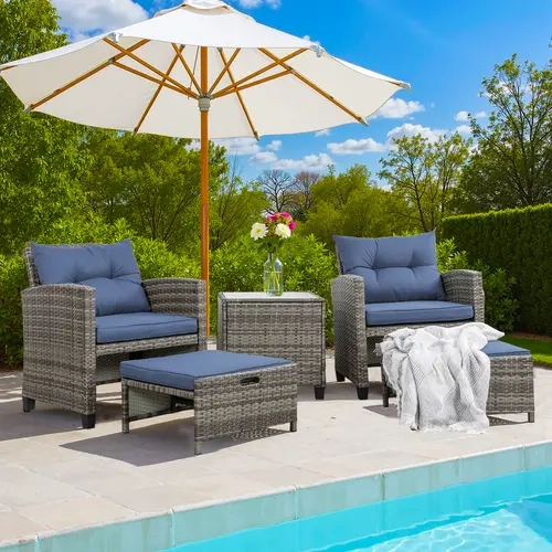Walsunny 5-Piece Patio Conversation Set with 2 Ottomans Glass Table & 2 Chairs PE Wicker Rattan Outdoor Furniture for Porch Lawn Brown Wicker Storage Included