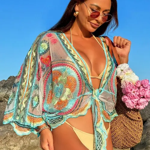 Women's Embroidery Swimsuit Cover Up Top, Boho Style Batwing Sleeve Cover Up Top for Beach Vacation, Fashion Women's Swimwear for Summer, Bikini Coverup, Swimsuit Coverups