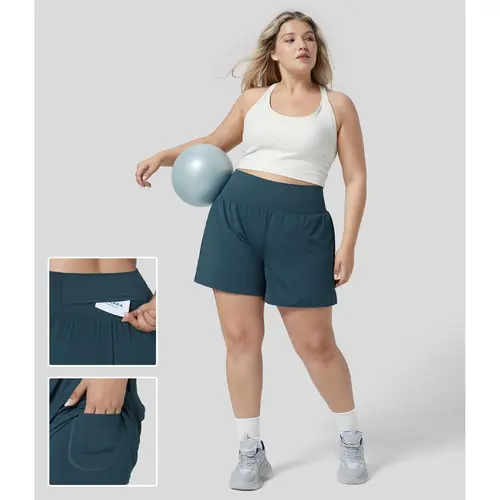 Halara Super High Waisted Back Pocket & Side Hidden Pocket 2-in-1 Yoga Plus Size Shorts 5''-Longer Length