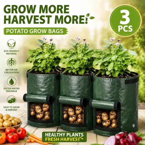 10 Gal Planter Bags (Set of 3) - Premium Above-Ground Garden Bags, 45 cm Height Potato Growers, Outdoor/Indoor Use, Carrot & Onion Fit, Ventilation Flap, Sturdy Handles, Roots View Window, Thick PE Build