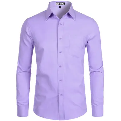 Zeroyaa Men's Long Sleeve Button Up Shirts Solid Slim Fit Casual Business Formal Dress Shirt with Pocket Menswear Korean summer outfits men funny shirts Top Thin Soft Plain