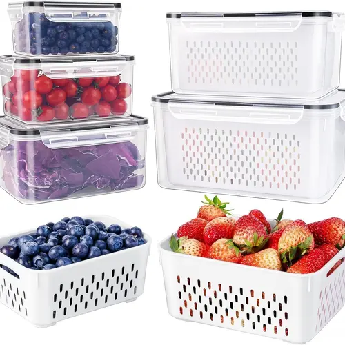 5-Pack 4-in-1 Stackable Fridge Fruit Storage Containers - BPA-Free Hard Plastic, Airtight Anti-Leak Food Storage, Leak Proof Container, Space-Saving, Removable Colanders, Lidded, Microwave-Safe, Dishwasher-Safe, 106 oz Kitchen Gadgets for Cold Lunch Prep