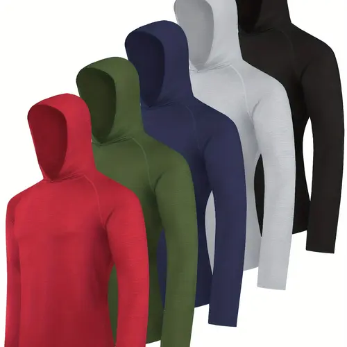 Hovsiyla 5pcs Men's Fitted Long Sleeve Hooded Shirts - Moisture-Wicking, Breathable Polyester Blend Quick-Dry Lightweight Performance Hoodies - Polyester Clothing for Casual, Running - Quick Drying Top