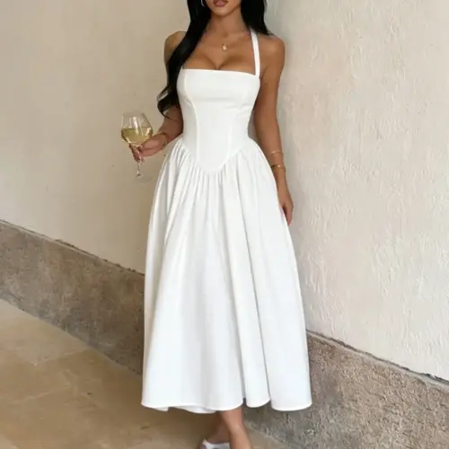 Women's Sleeveless Halter Backless Maxi Dress, Elegant Fitted A-Line Dress for Daily Outdoor Wear, Summer Casual Dress, Plain Sleeveless Dress