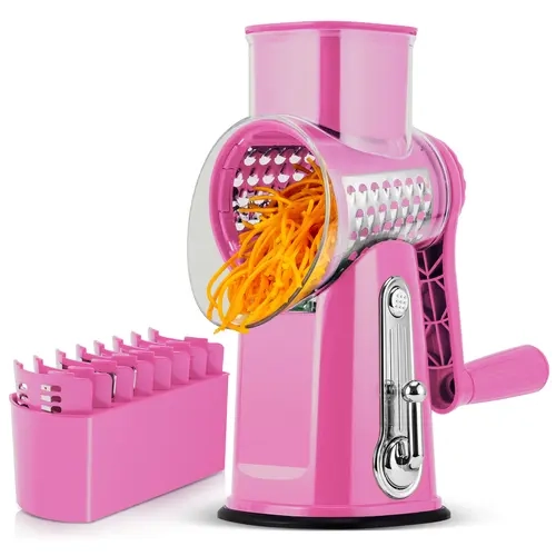 SUSTEAS Rotary Vegetable Chopper - Kitchen Appliances with 5 Blade Textures Interchangeable Blade, Stainless Steel Mandoline Slicer & Grater, BPA-Free Compact Round Utensil for Fast Prep, Chocolate & Healthy Food (Retro Green, Pink, Customized Packaging)