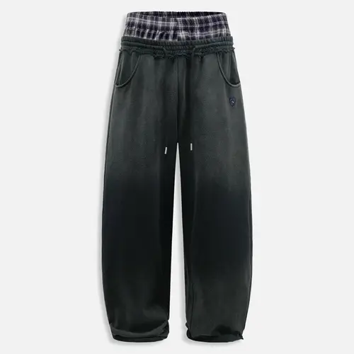 Aelfric Eden Double Waist Washed Baggy Sweatpants Loose Wide Leg Plaid Patchwork Casual Pants with Pockets   Unisex Vintage Streetwear Joggers,summerwins,father'sdaygifts
