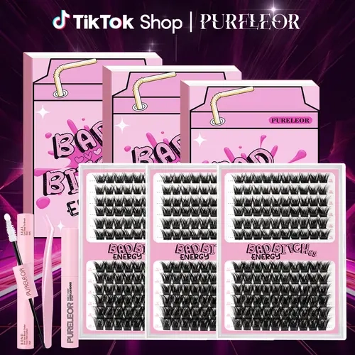 PURELEOR FD08 DIY False Eyelash Bundle - D-Curl Lash Cluster Extensions (10-16mm), High-Quality Soft Polyester Clusters, Nature-Infused Cruelty-Free Care, Beginner-Friendly At-Home Eyelash Extension Kit, Easy to Wear & Remove