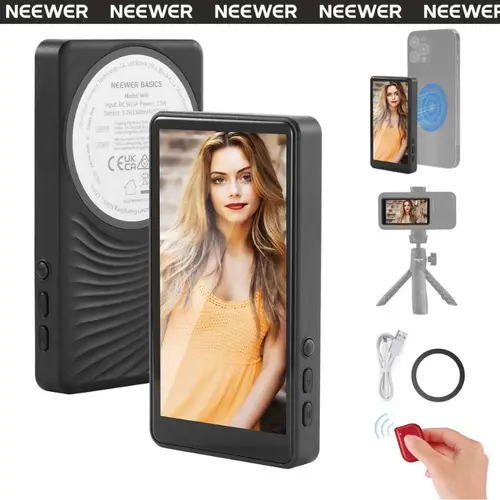 NEEWER M4B 4" Smart Selfie Monitor for iPhone & Mobile Cellphones, Magnetic Back Camera Screen Vlogging Kit for Content Creators, Wireless Connection, Bluetooth Remote, 145mins Runtime, Type-C Charging, Cellphone Accessories (Cable Included)