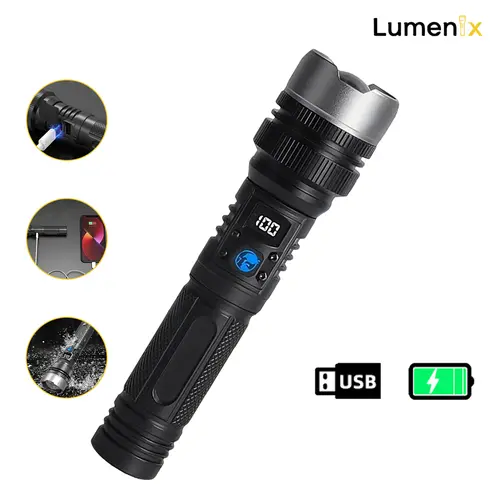 2-in-1 Strong Flashlight (Power Bank)，Digital display of power, Rechargeable，Zoomable, , X4Waterproof, Adjustable Brightness Flash Light for Outdoor, Emergency, Camping Accessories，Black DealsForYouDays