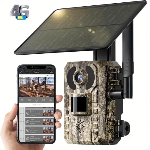 4G LTE Cellular Trail Camera with Solar Power, 2.7K Live View, Remote Phone Access & Playback, Motion Activation, Night Vision, Built-in SIM Card (Data Refill Required), Wide-Angle Lens 120° for Wildlife Monitoring, Forests, Ranches, Wild Areas