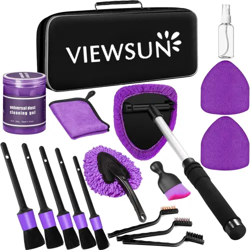 【TikTok Shop Fall Deals】Viewsun Purple 17-Piece Car Interior Cleaning Kit - 180° Swivel Reach Windshield Cleaner Tool, Detailing Brush Set, Cleaning Gel, Microfiber Cleaning Cloths, Car Detailing Products for Trucks/SUVs, Birthday Gift for Friends/Family