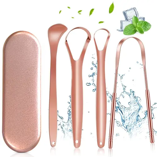 4-Pack Tongue Scraper for Adults and Kids, 100% Stainless Steel Tongue Scraper with Travel Case, 4 Shapes, Perfect for Bad Breath & Oral Hygiene, Easy to Use and Carry, Rose Gold