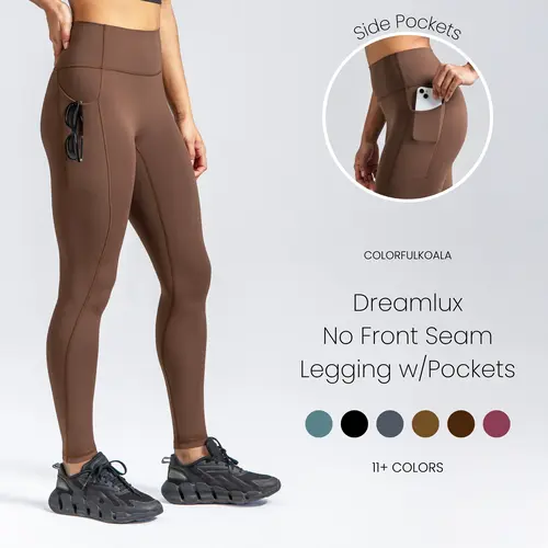 Colorfulkoala Women's High-Waisted Dreamlux Seamless Yoga Pants - No Front Seam, Nylon Lycra Fabric, Pockets, 25"/28" Inseam, Gym Bottoms