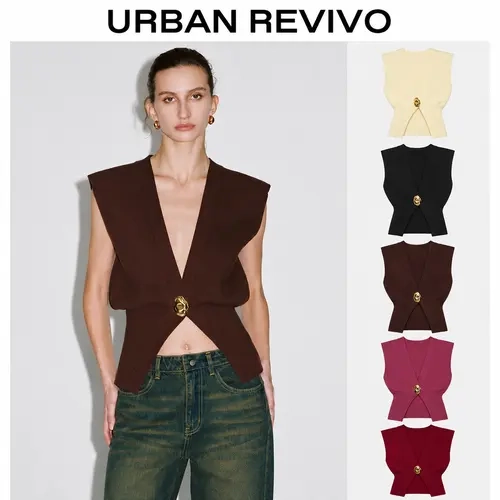 URBAN REVIVO Women's Knitted V-Neck Sleeveless Vest Blazer - Statement Buckle, Button Closure, Edgy Elegant, Casual Comfy, Clothes for Women, Outfits, Cardigan, Cold Wash, Machine Washable, Do Not Dry Clean