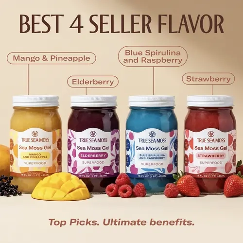 True Sea Moss Gel - Top 4 Best Selling Flavors with Gift: Mango-Pineapple, Strawberry, Elderberry, Blue Spirulina – Rich in Essential Minerals & Vitamins – supports overall vitality
