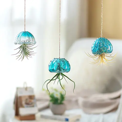 3Pcs Hand-Blown Glass Hanging Air Plant Holders with Jute Ropes - 1.77-Inch Inner Diameter, Plant Support for Tillandsia & Moss, Kitchen/Bedroom Indoor Decor Planters for Container Gardening
