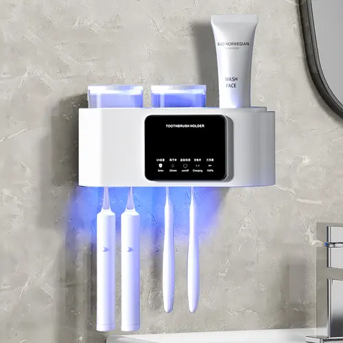 White Modern Wall-Mounted Bathroom Accessory - UV Toothbrush Holder with 2 Tooth Cups, Waterproof Smart Sterilizer, Durable Firm Adhesive Tape, Effective Cleaning & Drying Organizer