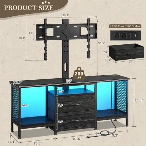 RaybeeFurniture TV Stand with Mount and Power Outlet and LED for 32-65 Inch TVs, Swivel and Adjustable TV Stand for Bedroom with 2 Fabric Drawers, Modern Entertainment Center