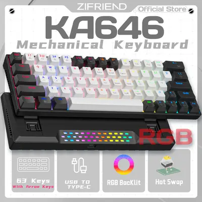ZIFRIEND KA646 63 Keys Mechanical  Wired 60% Layout Mini Gaming ABS Keycaps RGB Backlight 3 Pin Switch Hot swappable Blue Red Switch transparent aula f87 pro gummy bear keycaps key cappuller Custom RGB Mini Gaming creamy for work keyboard ultra tiktokshop