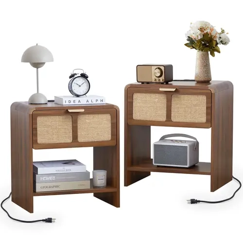 Giratree 19.88" 2 Piece Nightstand with 2 Charging Stations and USB Ports with 2 Linen Decorative Drawers, Bedroom Nightstand Side Table