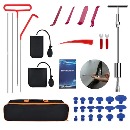 Car Repair Tool Kit - Portable Automotive Emergency Set with Carrying Bag for Vehicles, T-Handle Puller, Plastic Film Dent Remover, Fix Car Dents on the Go, Easy Storage, Tool Upgrade