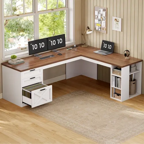 Sedeta 67" L-Shaped Modern Farmhouse Wood Computer Desk - Commercial Office Furniture, 3 Easy Drawers, Monitor Shelf, Power Outlets, Stable Base, Waterproof White Wood Workstation, 67"l x 55"d, Storage, Assembly Required, Contemporary, L Shaped Desk, Desk