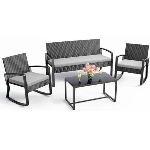 GIZOON 4-Piece Classic Outdoor Sofa Sets, Wicker Patio Bistro Sets with Glass Coffee Table, Rocking Wicker Seating for Backyard, Poolside,outdoorfurnitureset