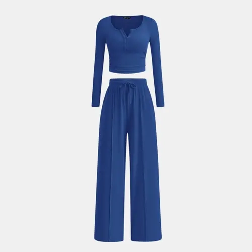 PrettyGarden Women's Fall Trendy 2 Piece Outfits Lounge Sets Long Sleeve Top Henley Cropped Fitted Shirts Wide Leg Pants -Minimalist Womenswear Casual Wideleg