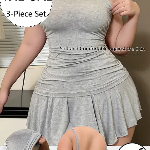 [Plus Size] Solid Color Cami Spaghetti Strap Top & Short Skirt & Thong Sleepwear Set, Casual Comfy Soft Pyjama Set for Women, Women's Sleepwear for All Seasons, Underwear Lingerie