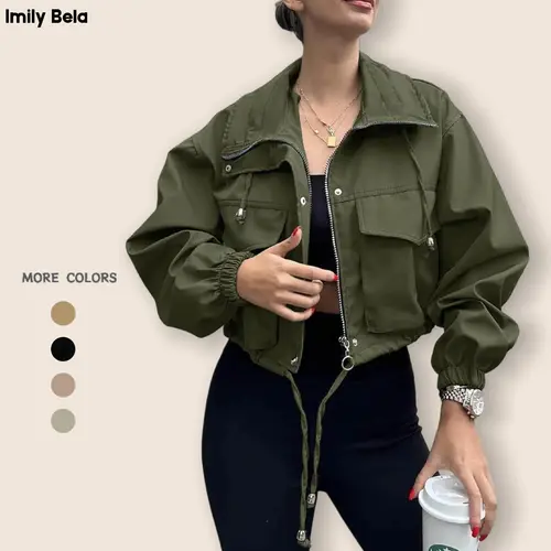 Imily Bela Womens Cropped Jacket Zip Up Lightweight Oversized Utility Anorak Coat with Pockets