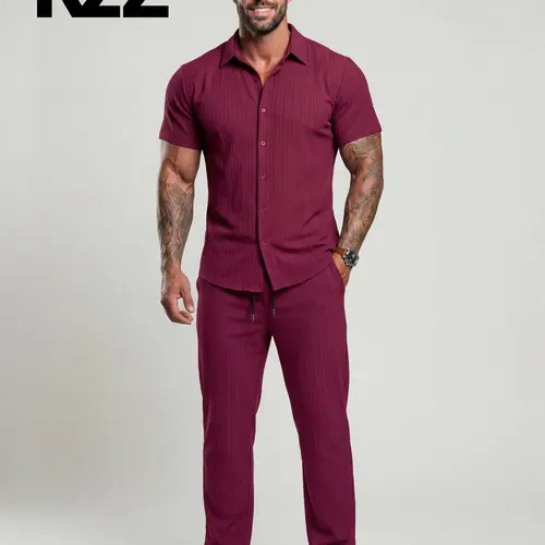 KZZ Men's 2-Piece Maroon Button-Front Short-Sleeve Fitted Shirt & Drawstring Pocket Elastic Waist Trousers Set - Menswear for Summer, Christmas Gifts for Him, Men's 2 Piece Sets,father'sdaygifts