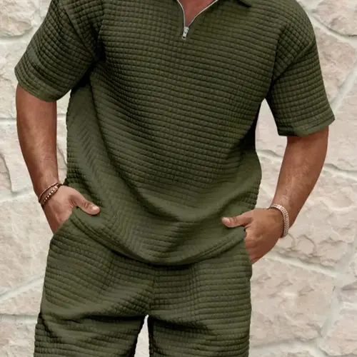 KZZ Men's 2-Piece Matching Outfits - Solid Color, Collared Neck, Loose-Fitting Short-Sleeve Tee & Shorts, Cozy Breathable Menswear for Summer Daily Casual Fashion